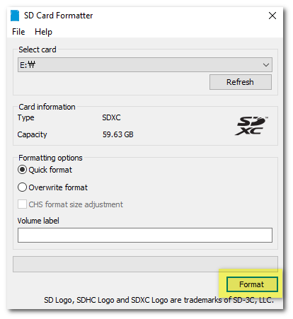 SD Card Formatter showing an SDXC card formatted as exFAT