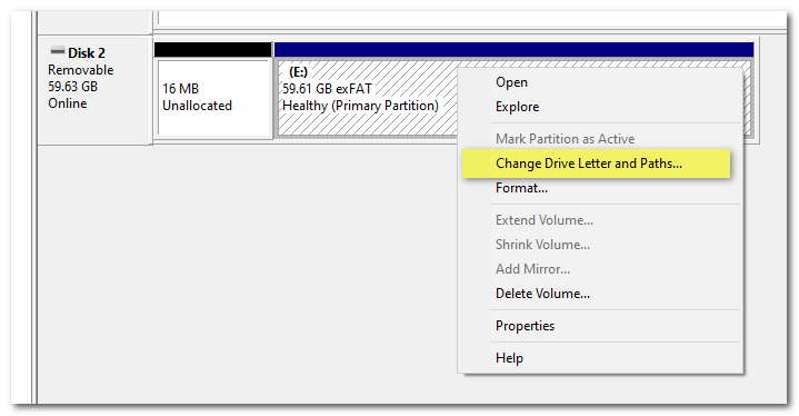 Disk Management context menu for changing a drive letter