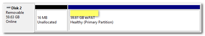 Disk Management showing the partition without a drive letter
