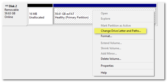 Disk Management context menu after removing the drive letter