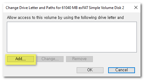 Drive letter dialog with the Add button