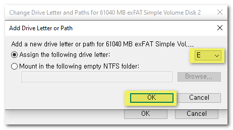 Dialog for assigning a new drive letter