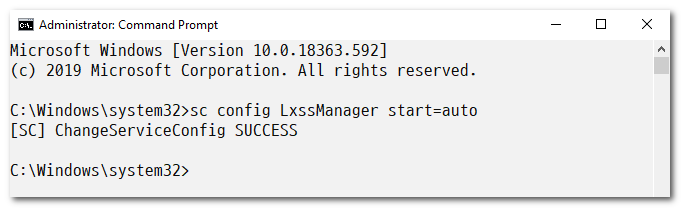 Command Prompt setting LxssManager to start automatically