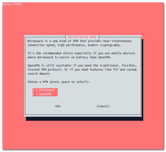 PiVPN installer VPN protocol selection