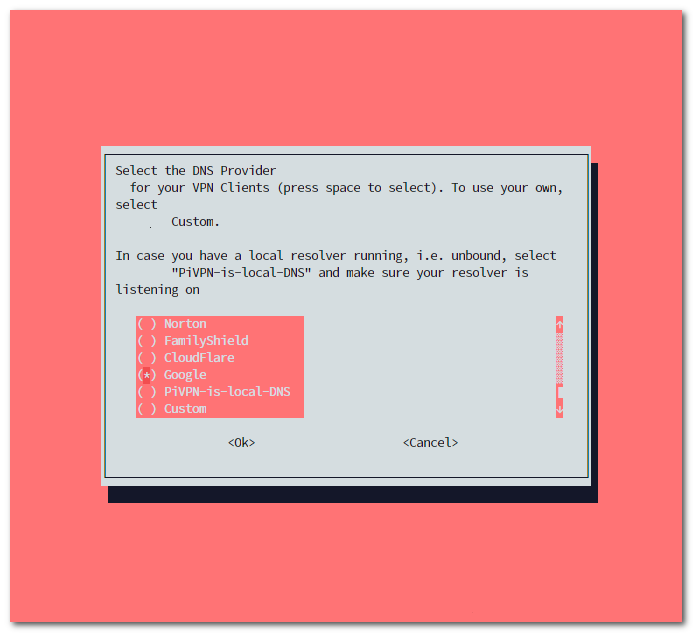 PiVPN installer DNS provider selection