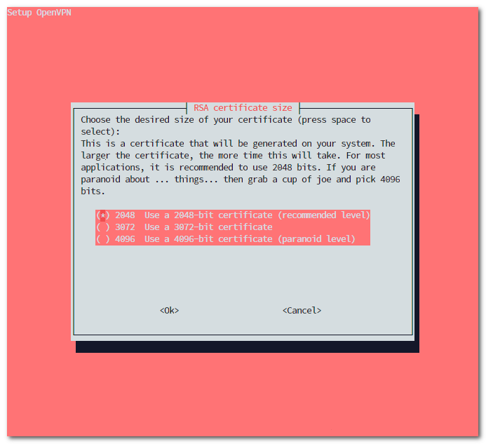 PiVPN installer RSA certificate key size selection