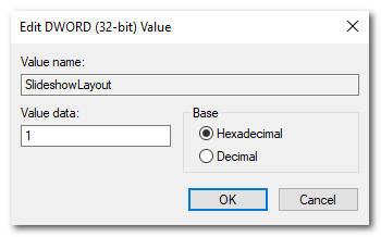Registry Editor showing SlideshowLayout set to 1