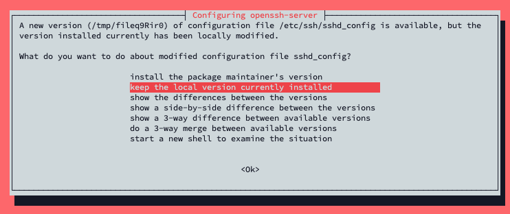 Ubuntu release upgrade dialog keeping the existing OpenSSH configuration