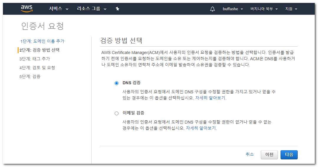 AWS Certificate Manager DNS validation method selection