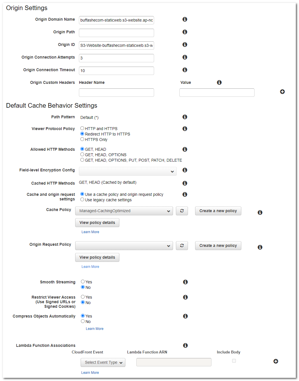 Amazon CloudFront default cache behavior settings