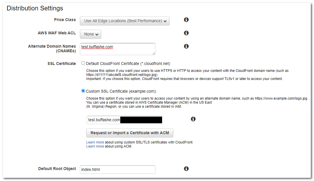 Amazon CloudFront distribution settings with alternate domain names