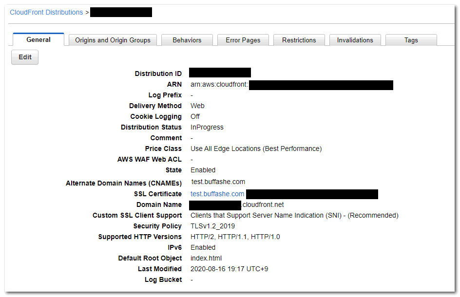 Amazon CloudFront distribution list showing InProgress status