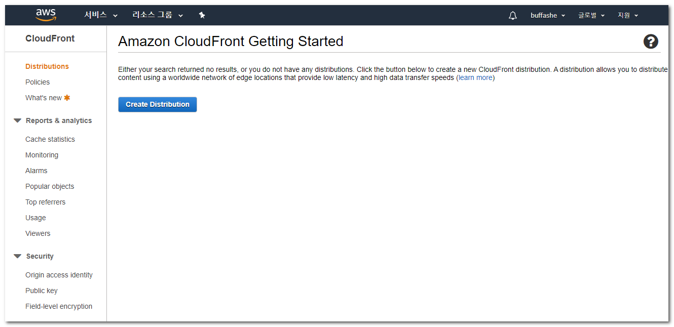 Amazon CloudFront console create distribution button