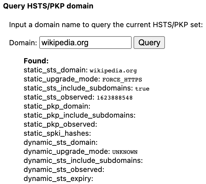 Chrome net internals HSTS query result for a preloaded domain