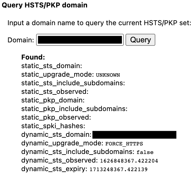 Chrome net internals HSTS query result for a header-only domain