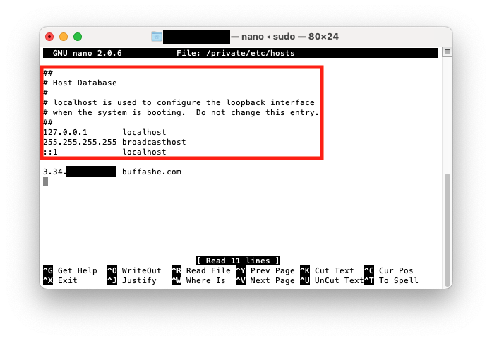 nano editing the macOS hosts file with protected default entries highlighted